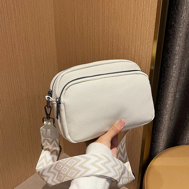 1 piece ladies pure color pu messenger bag fashion wide shoulder strap women's bag multi-flap pocket pants square bag
