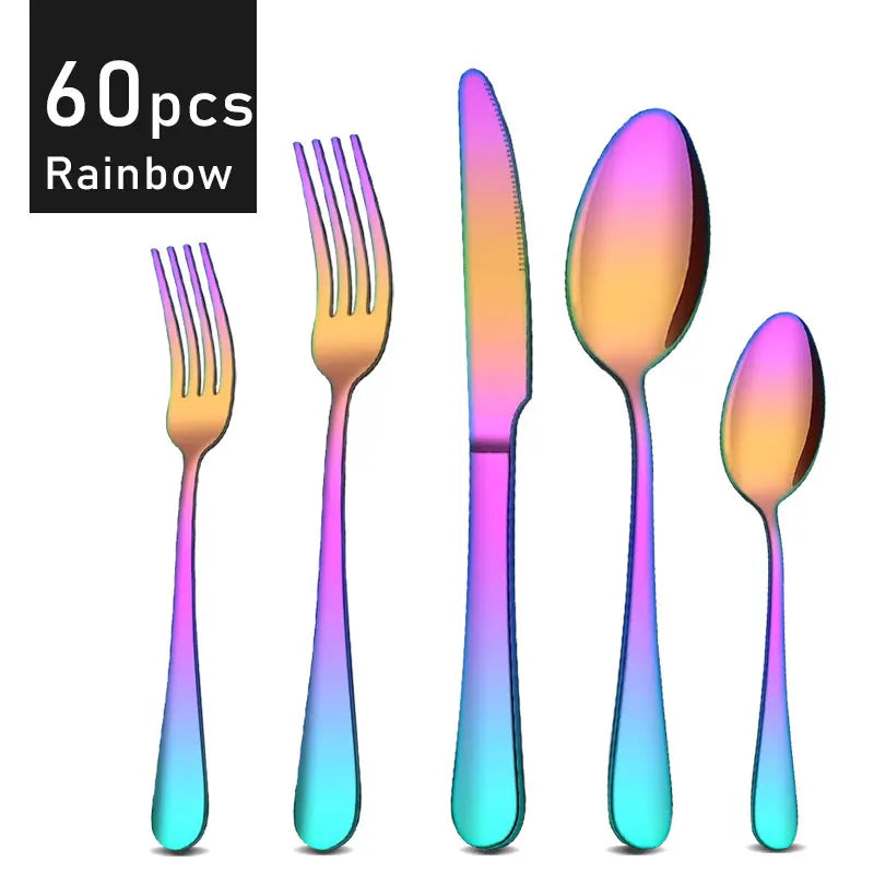 60Pcs Dinnerware Set Cutlery Set Stainless Steel Flatware Cake Fruit Fork Tea Spoon Kitchen Knife Fork Spoon Tableware Set