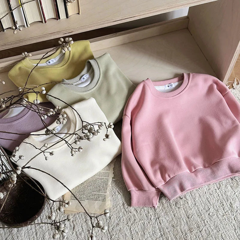 Children Autumn Toddler Boys Sweatshirts New Solid Color Kids Baby Girls Tops Round Neck Loose Simple Versatile Tops