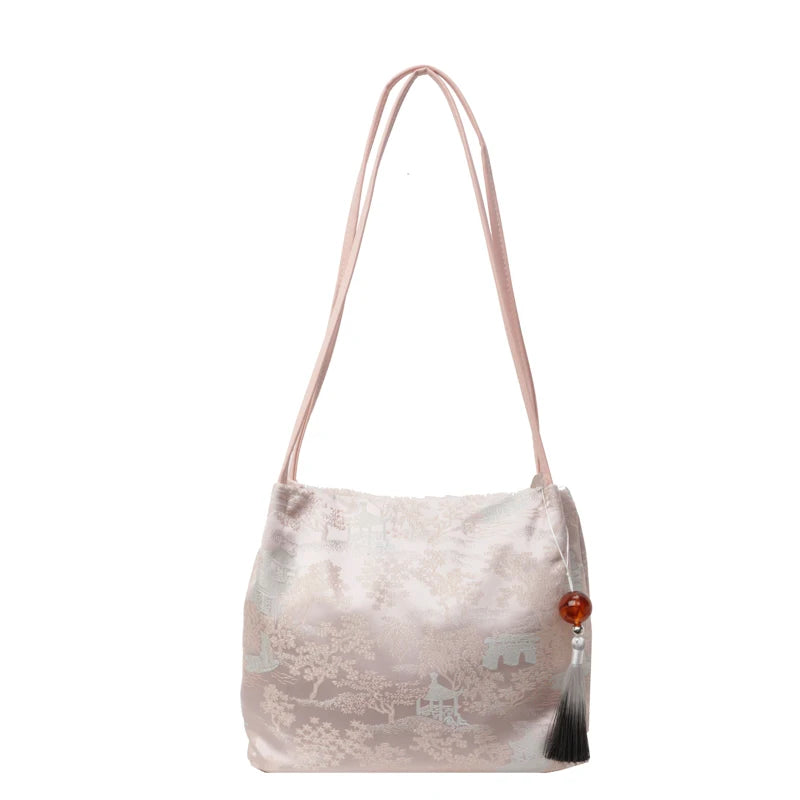 1pcs Ladies Ethnic Style Nylon Shoulder Bag fashion Large Capacity Bucket Women's Bag Send Tassel Pendant
