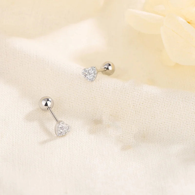 Fashion Screw Helix Piercing Heart Stud Earrings For Women Cubic Zirconia Hypoallergenic Silver Color Earring Girls Jewelry Gift