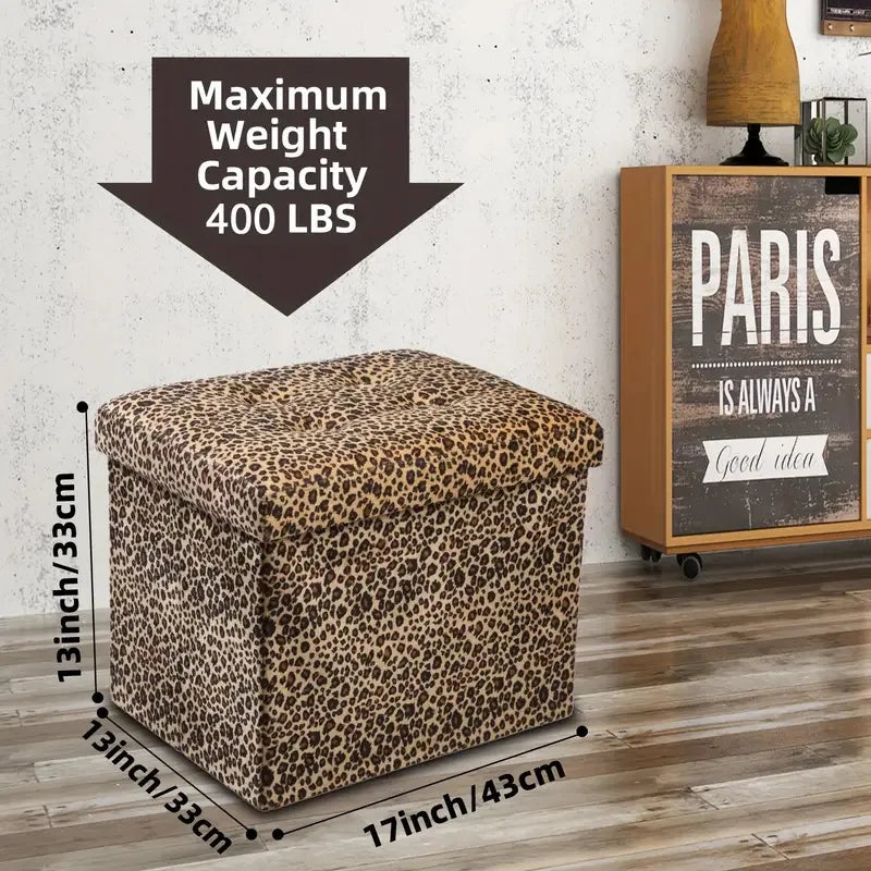 New leopard print flannel stool, can sit storage stool folding shoe changing stool