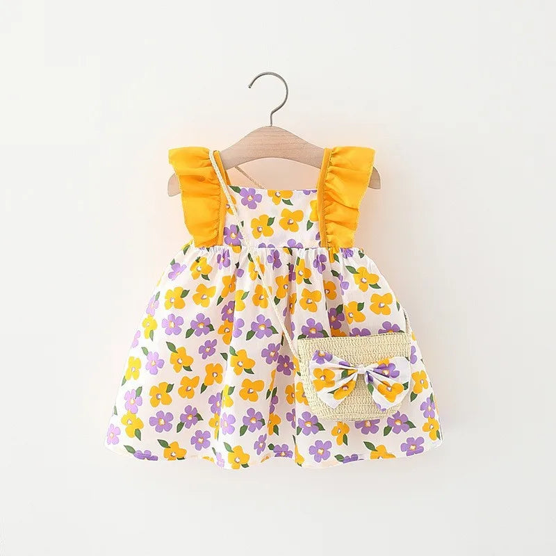 2024 New In Summer Baby Dresses For Girls Korean Cute Flowers Doll Collar Sleeveless Princess Kids Dress+Bag 2Piece Sets