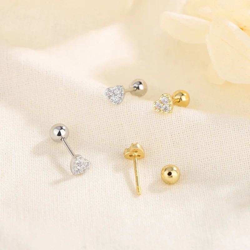 Fashion Screw Helix Piercing Heart Stud Earrings For Women Cubic Zirconia Hypoallergenic Silver Color Earring Girls Jewelry Gift