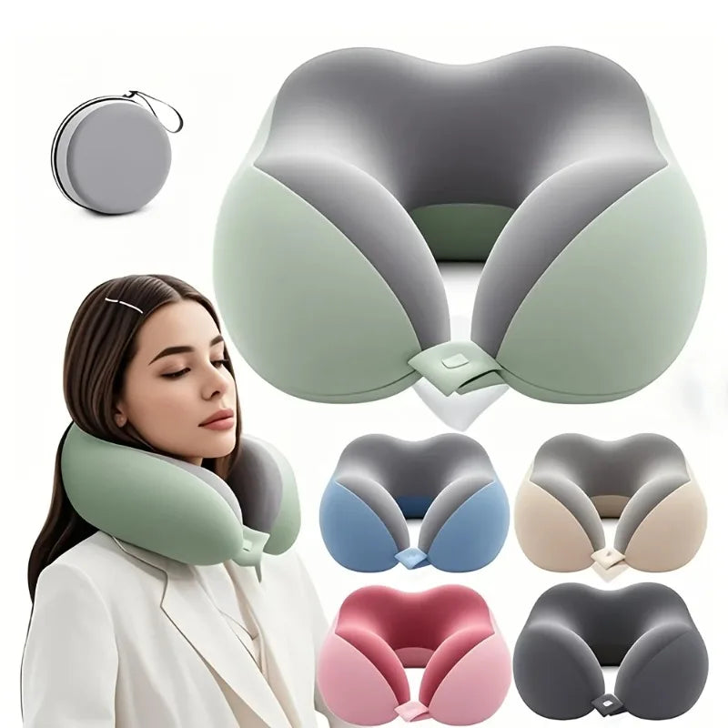 Comfortable U-shaped neck pillow with storage bag – ideal for travel, napping, and office use