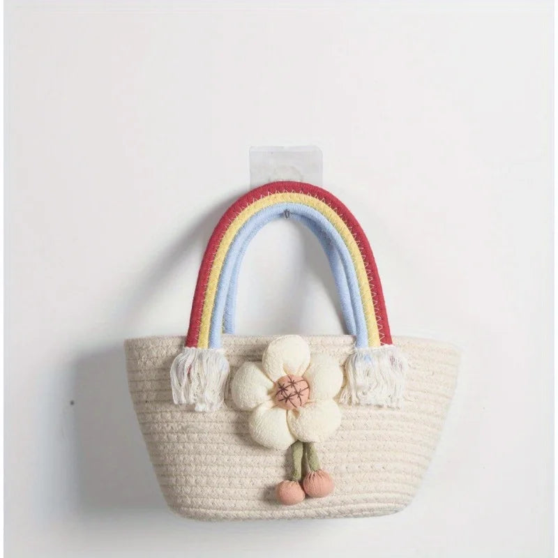 Rainbow braided bag cotton rope women's bag student handbag wedding handbag hand carry gift bag beach bag
