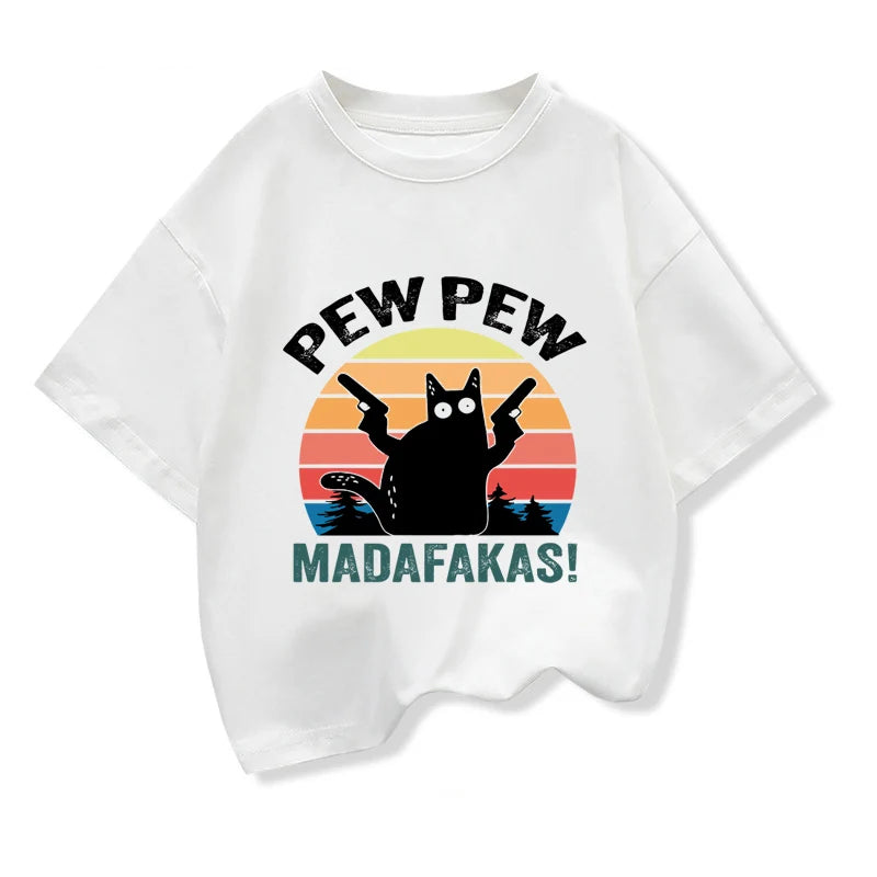 2025 New Kids Summer Clothes Cartoon Cat Graphic Kids Boys Fashion Short Sleeve T-shirt Girls Loose Oversize tshirts O-neck Tops