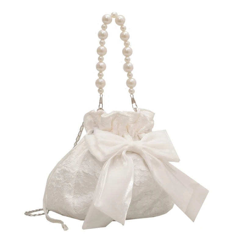 1 Piece Ladies Nylon Bucket Bag fashion Bow Decoration Women's Bag Beaded Handbag Chain Crossbody Bag