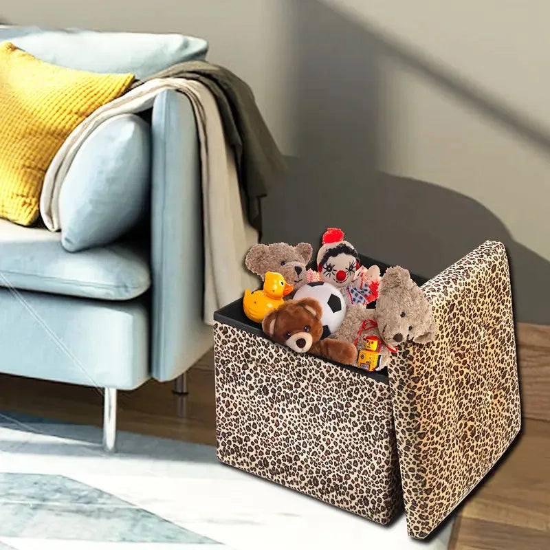 New leopard print flannel stool, can sit storage stool folding shoe changing stool