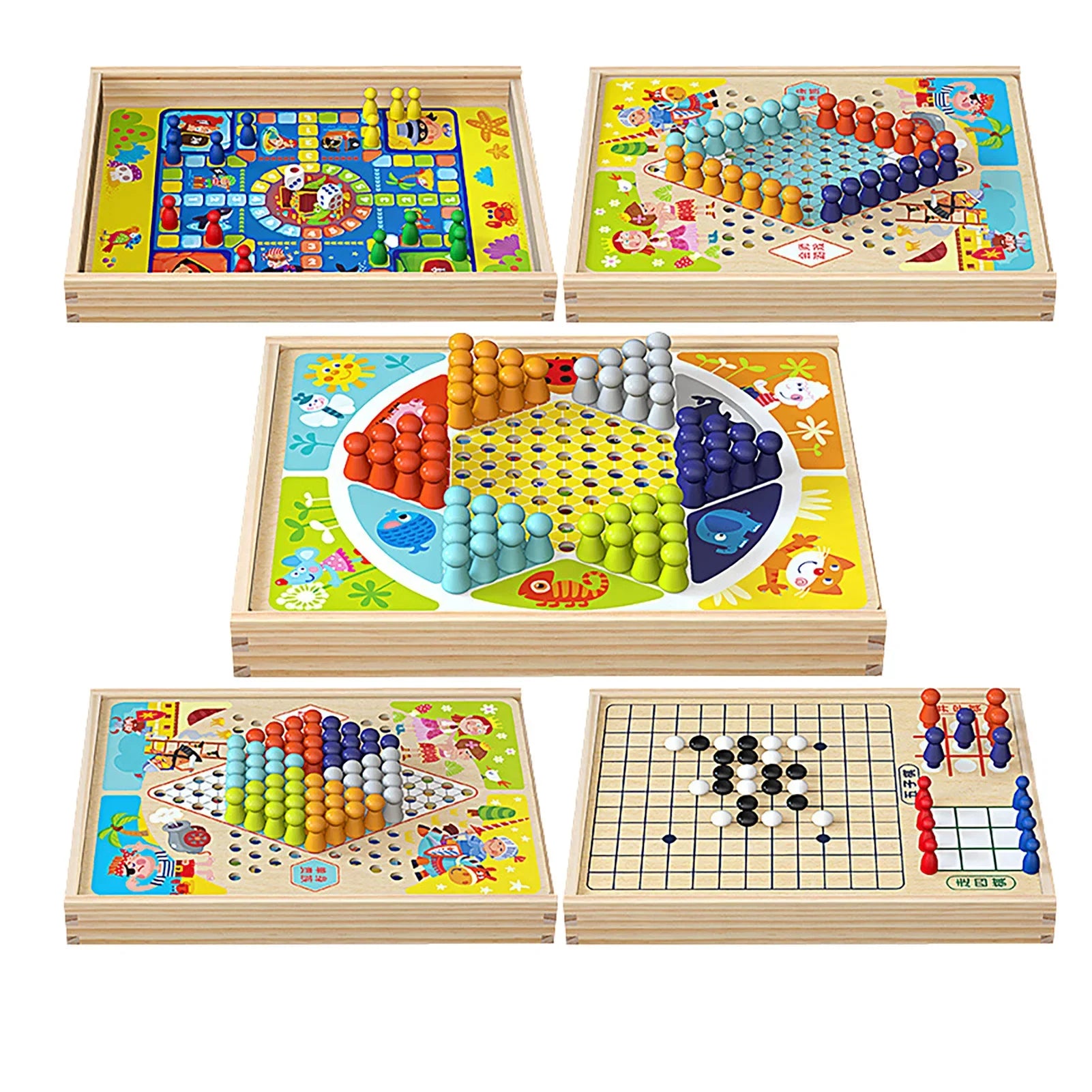 Chess Game 9 In 1 Mini Checkerboard Wooden Flying Chess Chinese Checkers Flying Ludo Board Set Portable Wooden Tabletop Game Toy