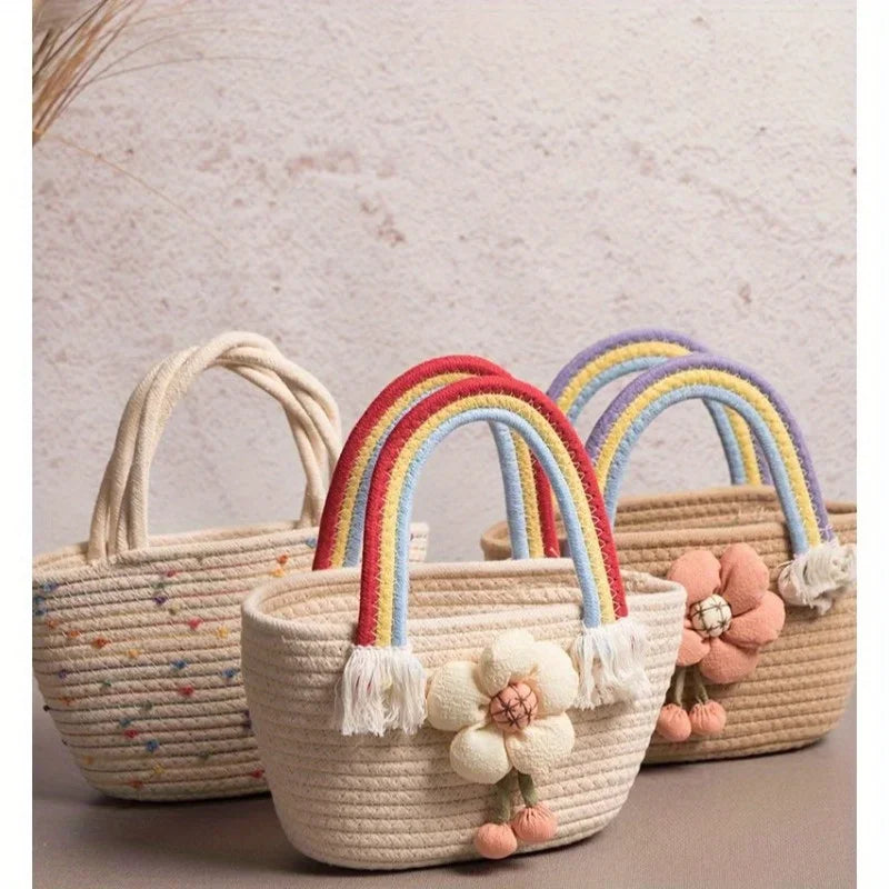 Rainbow braided bag cotton rope women's bag student handbag wedding handbag hand carry gift bag beach bag