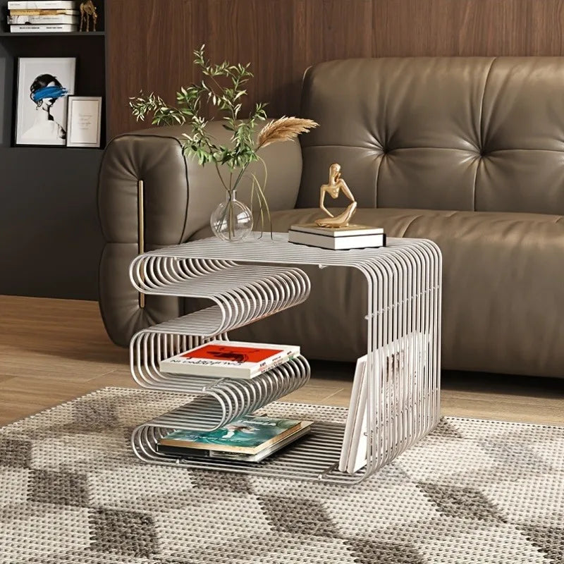 a simple modern light luxury coffee table, a few corners on the side of the coffee table, a book shelf, a shelf
