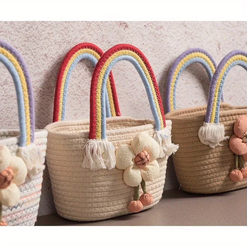 Rainbow braided bag cotton rope women's bag student handbag wedding handbag hand carry gift bag beach bag