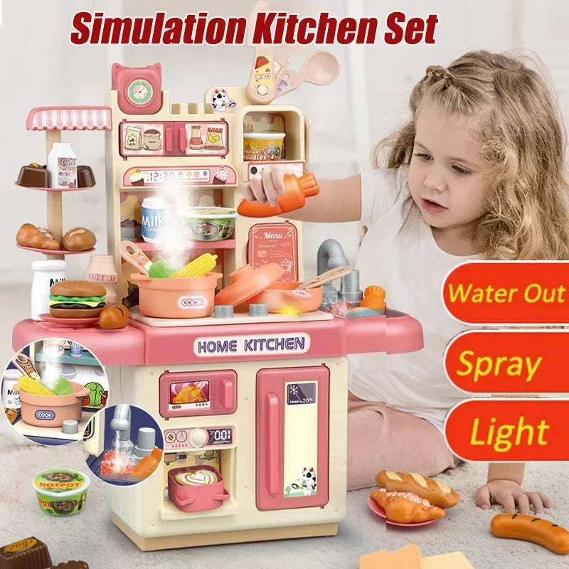 Large Children Simulation Kitchen Toy Set Lampligh Sound Effect Spray Kitchen Food Cooking Dining Table Play House Toys Gifts