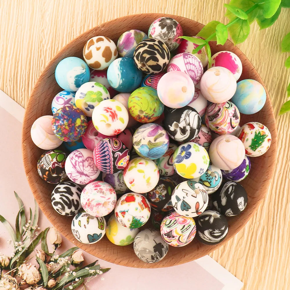 10Pcs/lot Printed Silicone Beads 15mm Round Leopard Terrazzo Dalmatian Camo Silicone Beads For Jewelry Making DIY Accessories