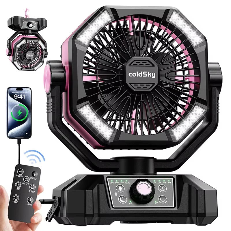 Radiator Fan 20000mAh Battery Camping Fan 4 LED Lantern 8 Speeds Desk Fan Portable Outdoor Fan for Tent Power Outages Jobsite