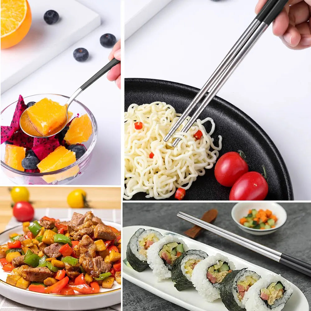 2pcs Stainless Steel Food Chopsticks Spoon Set Long Handle Flat Non-slip Chopsticks Dessert Spoons Dinnerware Set