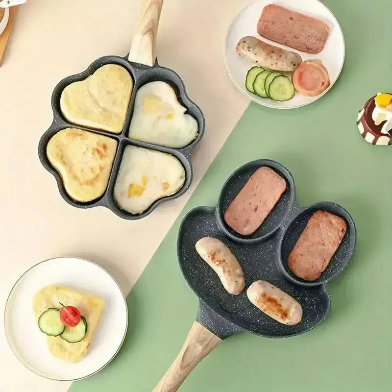 1PC Home Creative Porous Frying Pan Medical Stone Non-Stick Wood Grain Handle Breakfast Mini Egg Dumpling Pan