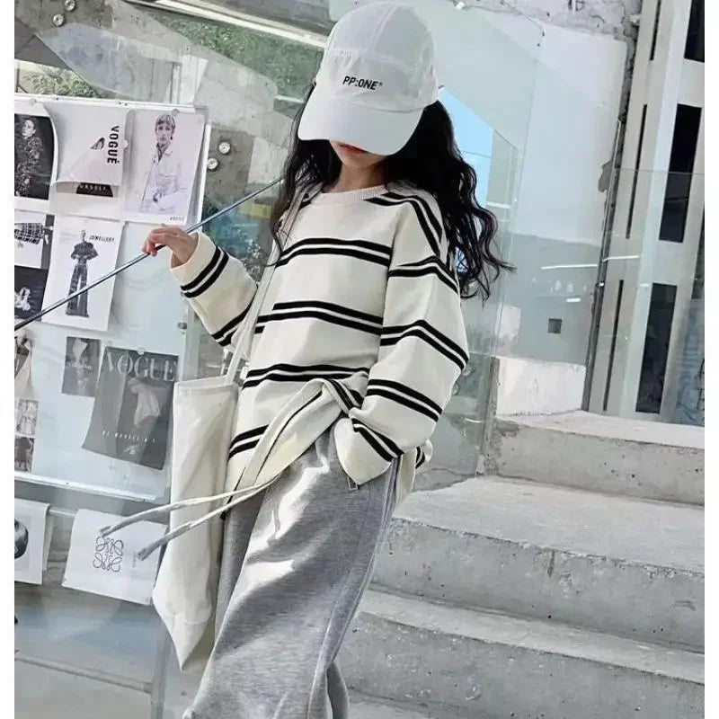 2025 Korea Style Simple Kids Clothes Girl 2Pcs Set Clothing Long Sleeve Striped+Loose Pant Outfits for Teen Girl 6 8 10 12 14Y