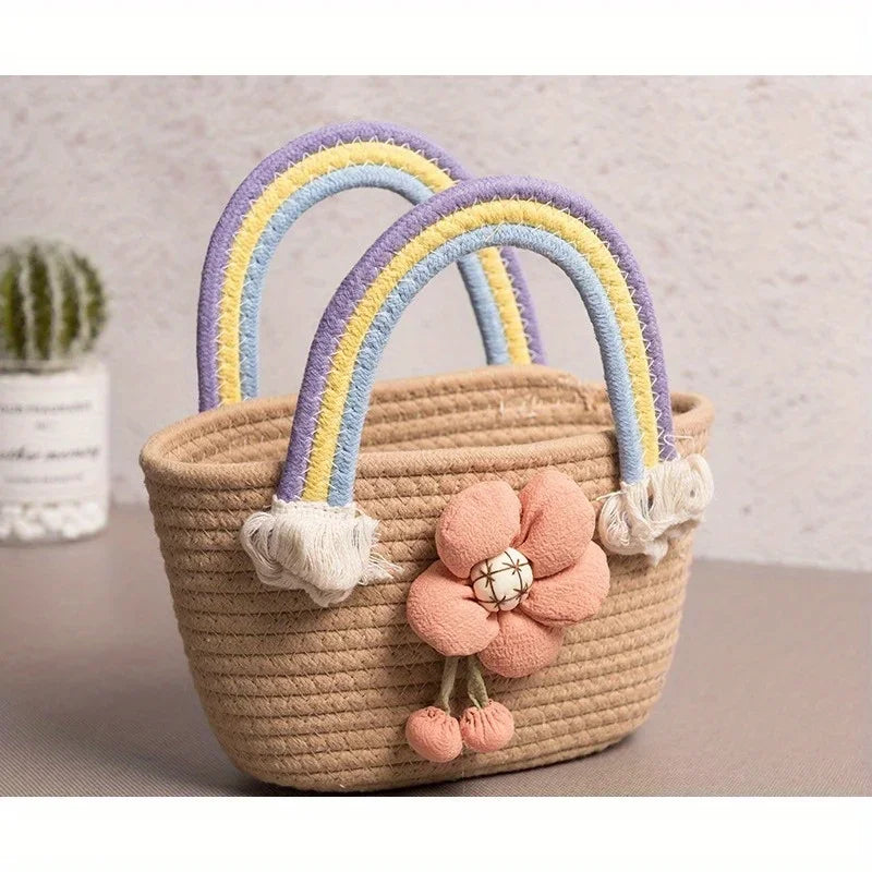 Rainbow braided bag cotton rope women's bag student handbag wedding handbag hand carry gift bag beach bag