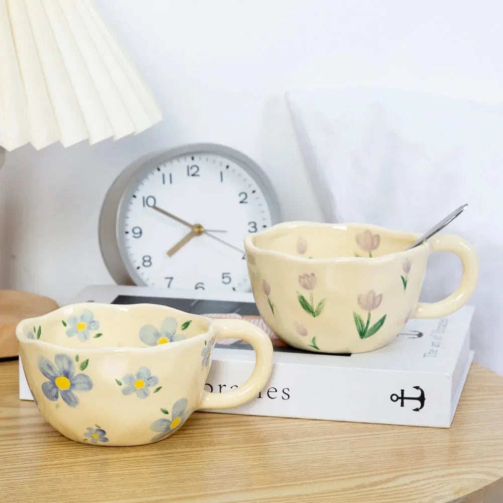 Ceramic Mugs Coffee Cups Hand Pinched Irregular Flower Milk Tea Cup Ins Korean Style Oatmeal Breakfast Mug Drinkware Kitchen
