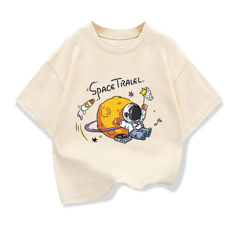 2025 New Kids Clothing Spaceman Travel Graphic Summer T-Shirt Boy And Girl Cotton Fashion Tops Teen Boys Loose Short Sleeve Tee