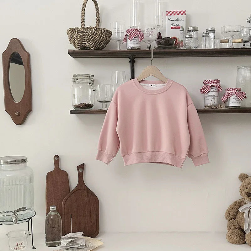 Children Autumn Toddler Boys Sweatshirts New Solid Color Kids Baby Girls Tops Round Neck Loose Simple Versatile Tops
