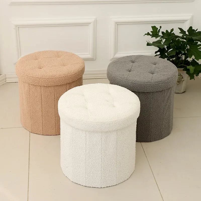 Creative Round Bucket Teddy Leather Stool Soft Fabric Ottoman Bench Home Makeup Chair with Storage