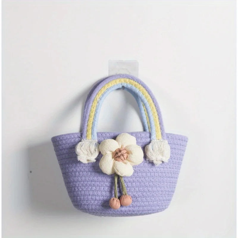 Rainbow braided bag cotton rope women's bag student handbag wedding handbag hand carry gift bag beach bag