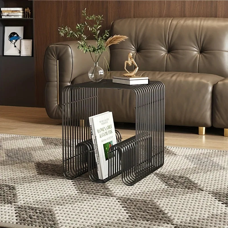a simple modern light luxury coffee table, a few corners on the side of the coffee table, a book shelf, a shelf