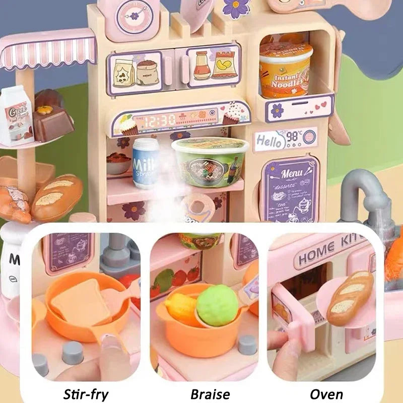 Large Children Simulation Kitchen Toy Set Lampligh Sound Effect Spray Kitchen Food Cooking Dining Table Play House Toys Gifts