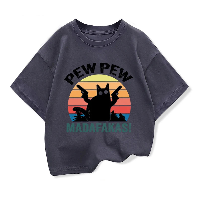 2025 New Kids Summer Clothes Cartoon Cat Graphic Kids Boys Fashion Short Sleeve T-shirt Girls Loose Oversize tshirts O-neck Tops