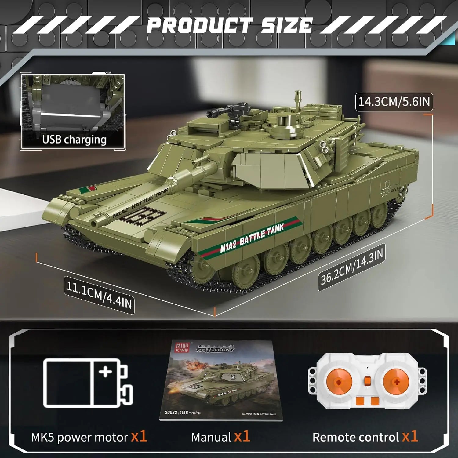 Mould King 20033 1168 PCS RC Military Tank Building Kit, APP Controlled Army Model for Adults & Teens, Collectible Display Gift