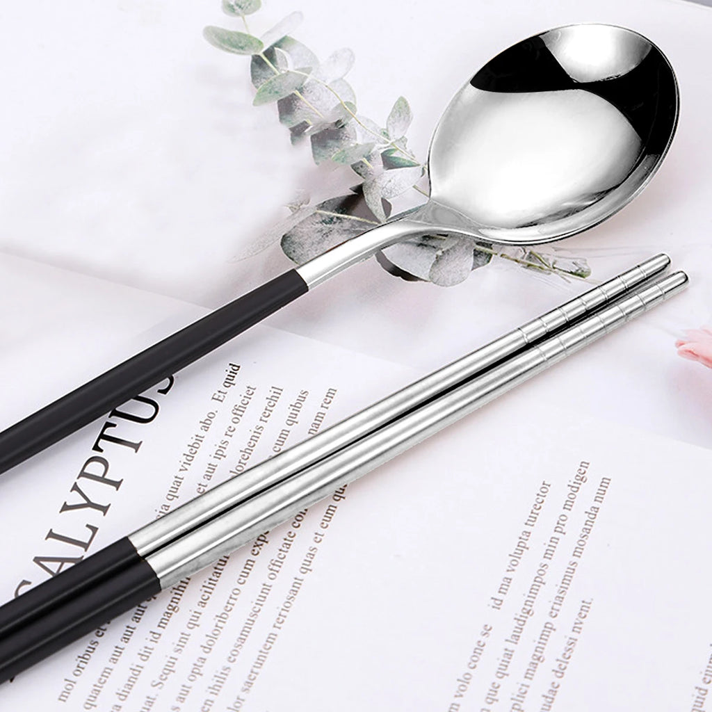 2pcs Stainless Steel Food Chopsticks Spoon Set Long Handle Flat Non-slip Chopsticks Dessert Spoons Dinnerware Set