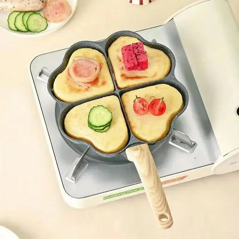 1PC Home Creative Porous Frying Pan Medical Stone Non-Stick Wood Grain Handle Breakfast Mini Egg Dumpling Pan