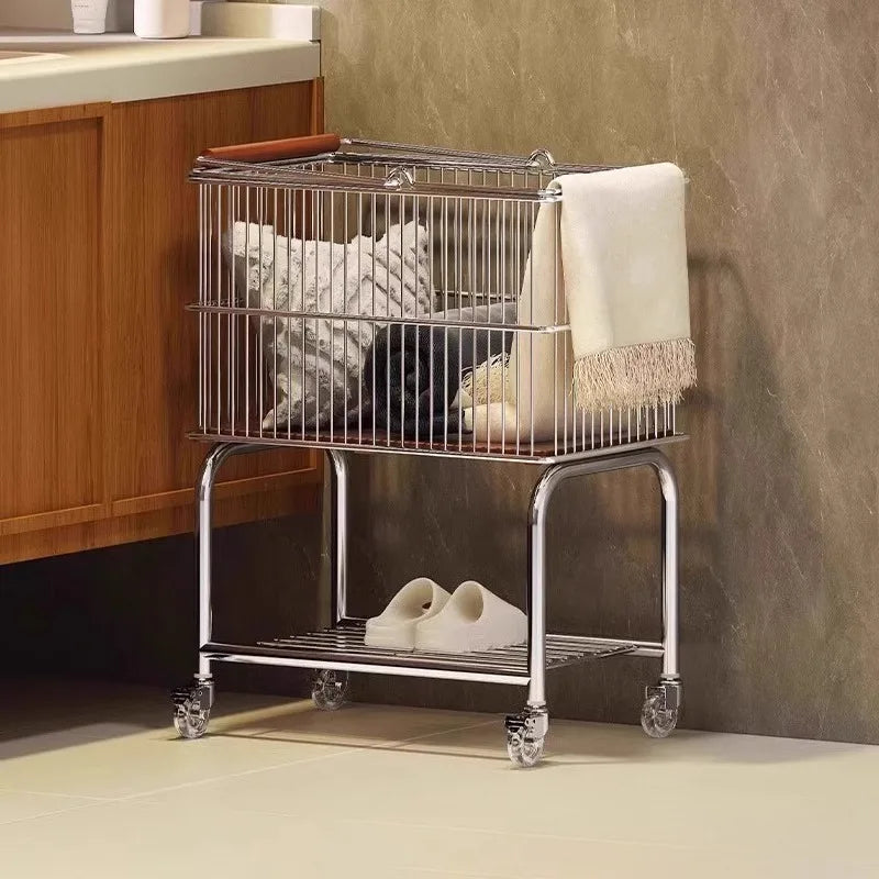 Medieval Dirty Basket Bathroom Double Layer Clothes Storage Basket Toilet Mobile Laundry Basket Dirty Basket Cart Shelf