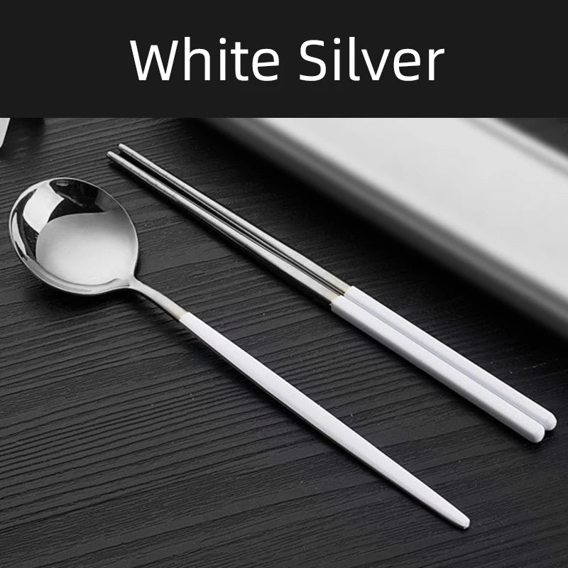2pcs Stainless Steel Food Chopsticks Spoon Set Long Handle Flat Non-slip Chopsticks Dessert Spoons Dinnerware Set