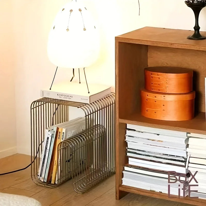 Square metal silver edge table, geometric patterned bookshelf, magazine rack, wall mounted living room storage rack