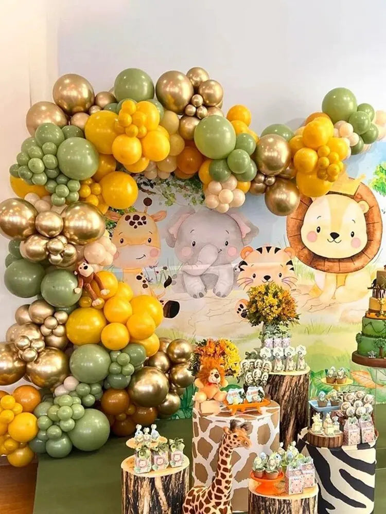 1Set, Safari Park Jungle Balloon Flower Arch Set Tropical Theme Party Supplies Birthday Wedding Graduation Gold White Decoration