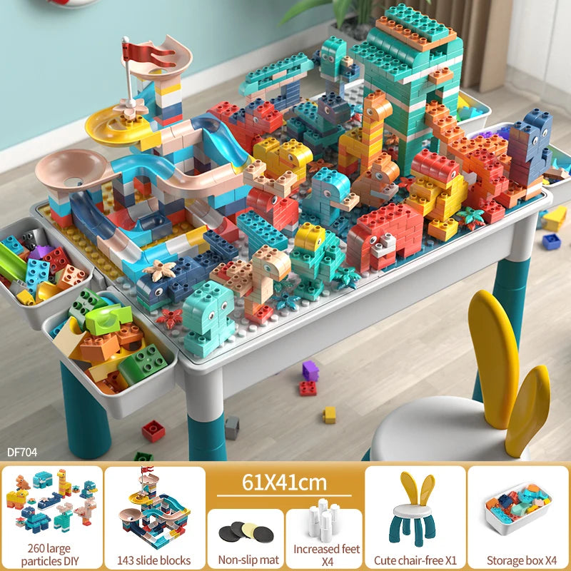 Activity Water Table 5-in-1 Kids Toys and Chair Set with 143pcs Large Marble Run DIY Building Block for Kids Ages 3+