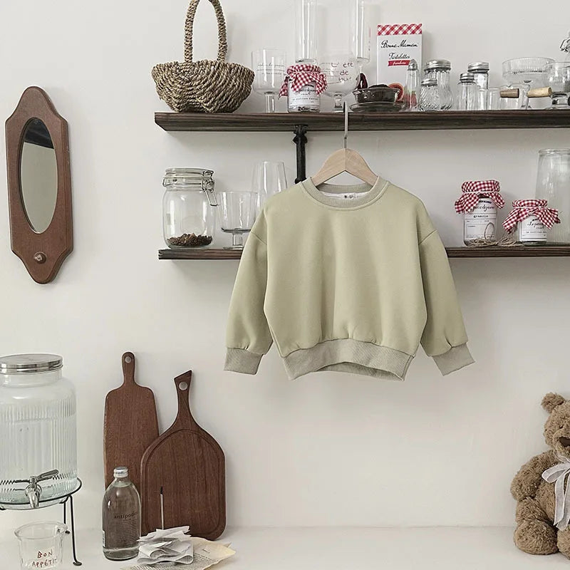 Children Autumn Toddler Boys Sweatshirts New Solid Color Kids Baby Girls Tops Round Neck Loose Simple Versatile Tops