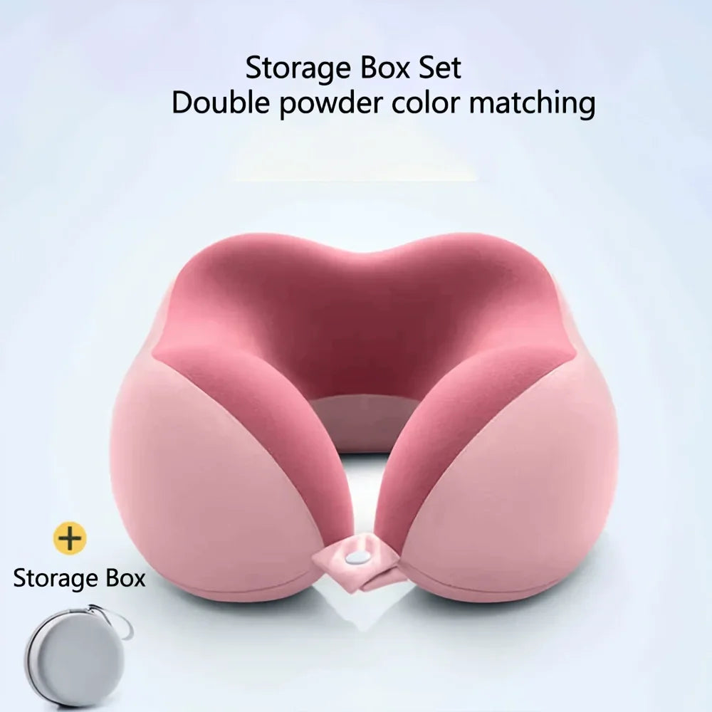 Comfortable U-shaped neck pillow with storage bag – ideal for travel, napping, and office use