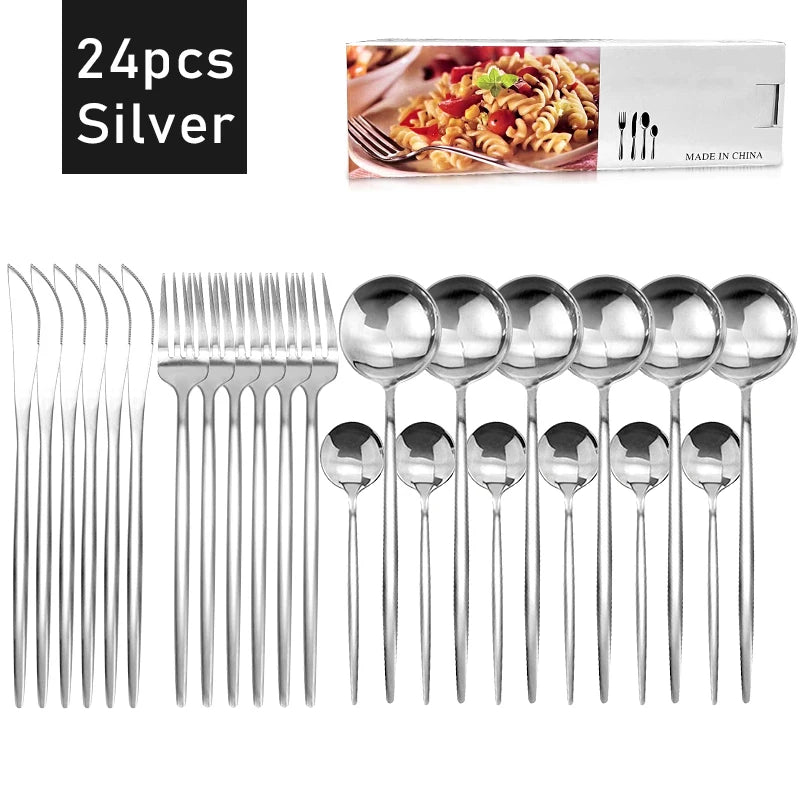 24Pcs Dinnerware Set Stainless Steel Tableware Dinner Knife Fork Dessert Spoon Cutlery Set Kitchen Flatware