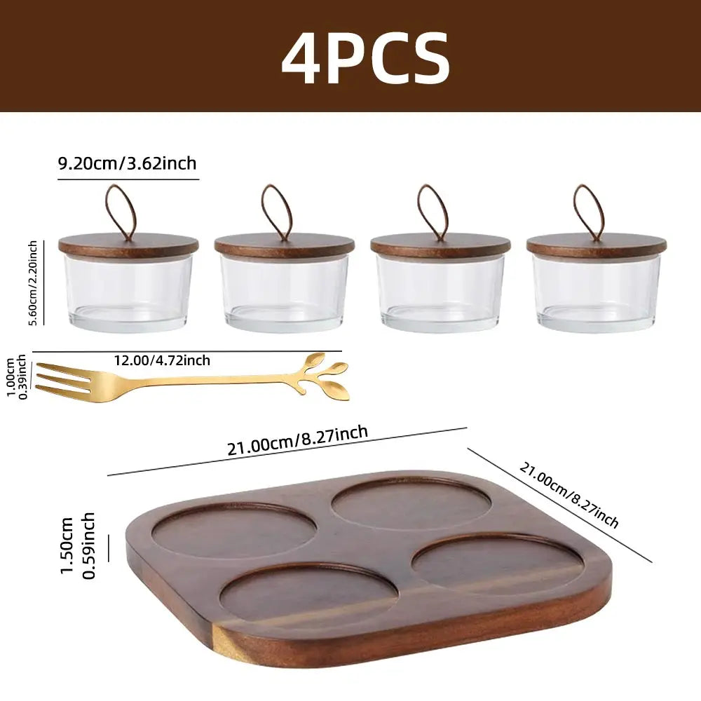 Glass Storage Bottle Divided Dried Fruit Tray with Wooden Lid Dried Fruit Snack Storage Bottle Wooden Tray Household Snack Tray