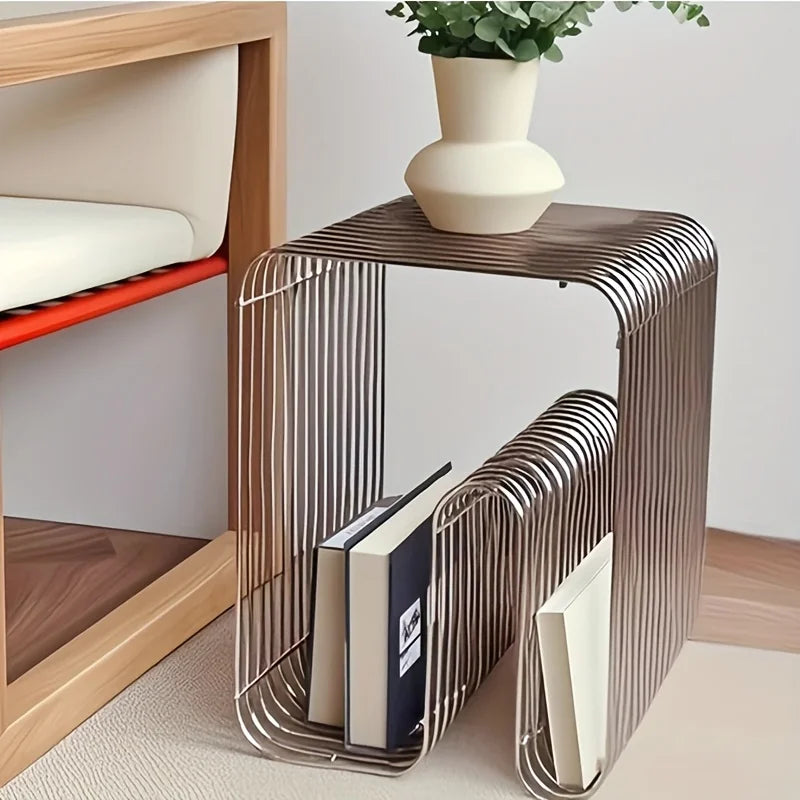 Square metal silver edge table, geometric patterned bookshelf, magazine rack, wall mounted living room storage rack