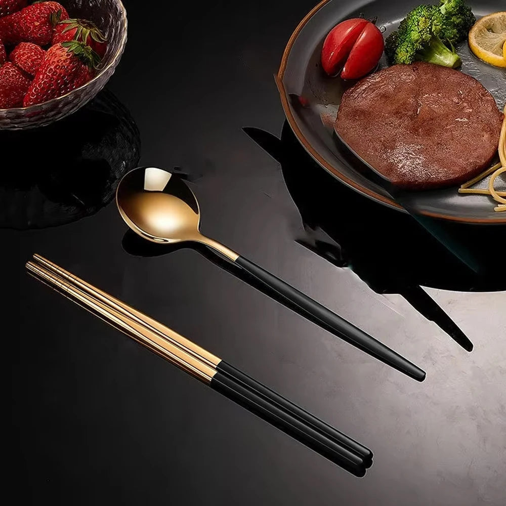 4pcs Household Black Gold Cutlery Set Chopsticks Spoon  Gold Stainless Steel Kitchen Dinnerware Set Tableware Set