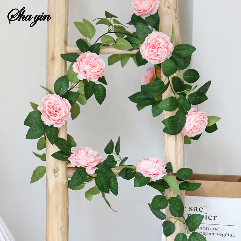 1PC Peony Flower Tea Flower Vine Green Plant Air Conditioner Pipe Decoration Rose Leaf Artificial Flower Vine Strip