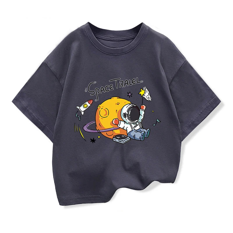 2025 New Kids Clothing Spaceman Travel Graphic Summer T-Shirt Boy And Girl Cotton Fashion Tops Teen Boys Loose Short Sleeve Tee