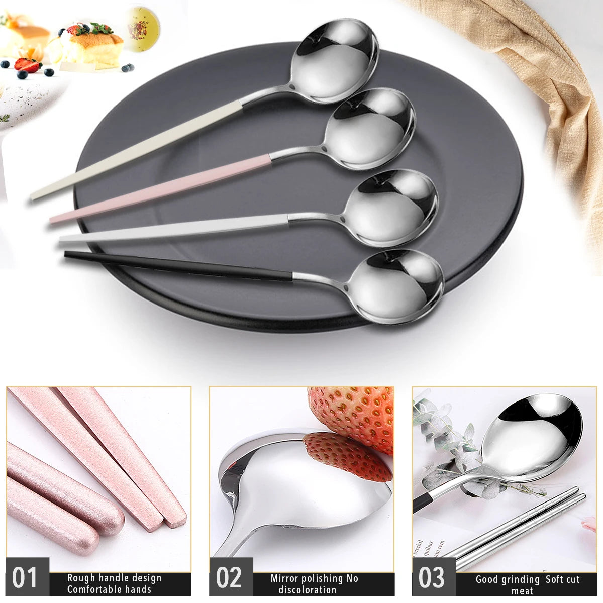 2pcs Stainless Steel Food Chopsticks Spoon Set Long Handle Flat Non-slip Chopsticks Dessert Spoons Dinnerware Set