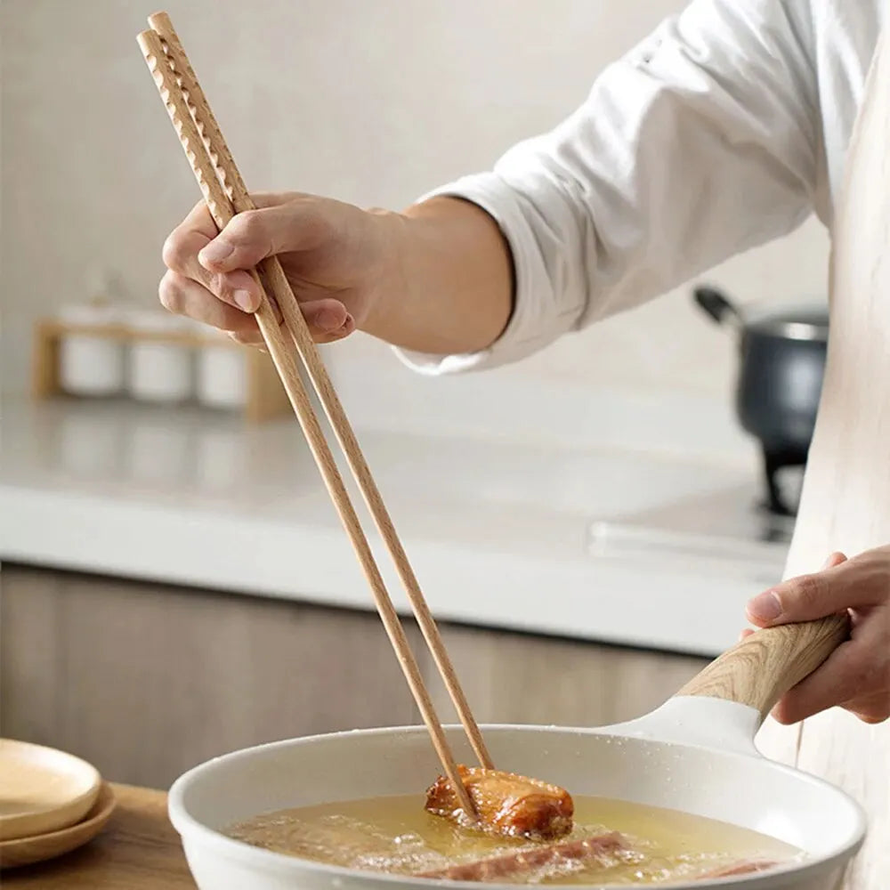 1Pair Long Hot Pot Fried Chopsticks Home Non-slip Lo Mein Chopsticks Kitchen Solid Wood For Cooking Hot Pot